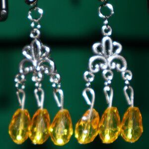Handmade Clip-On Earrings - BEAUTIFUL Yellow Teardrop Crystal Beads - COT 55